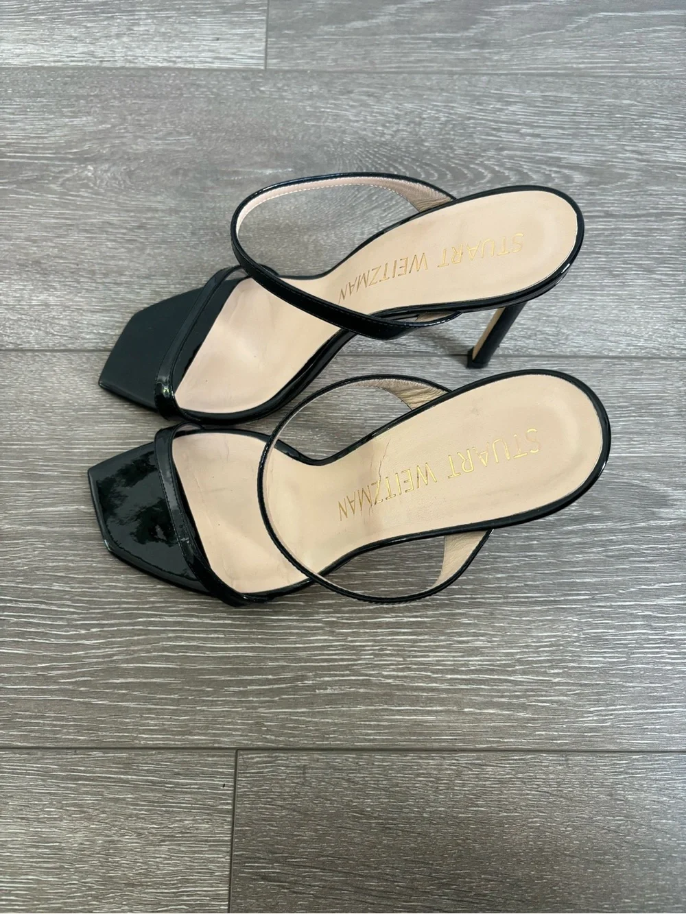 Stuart Weitzman Black Patent Square-Toe Slide Sandals